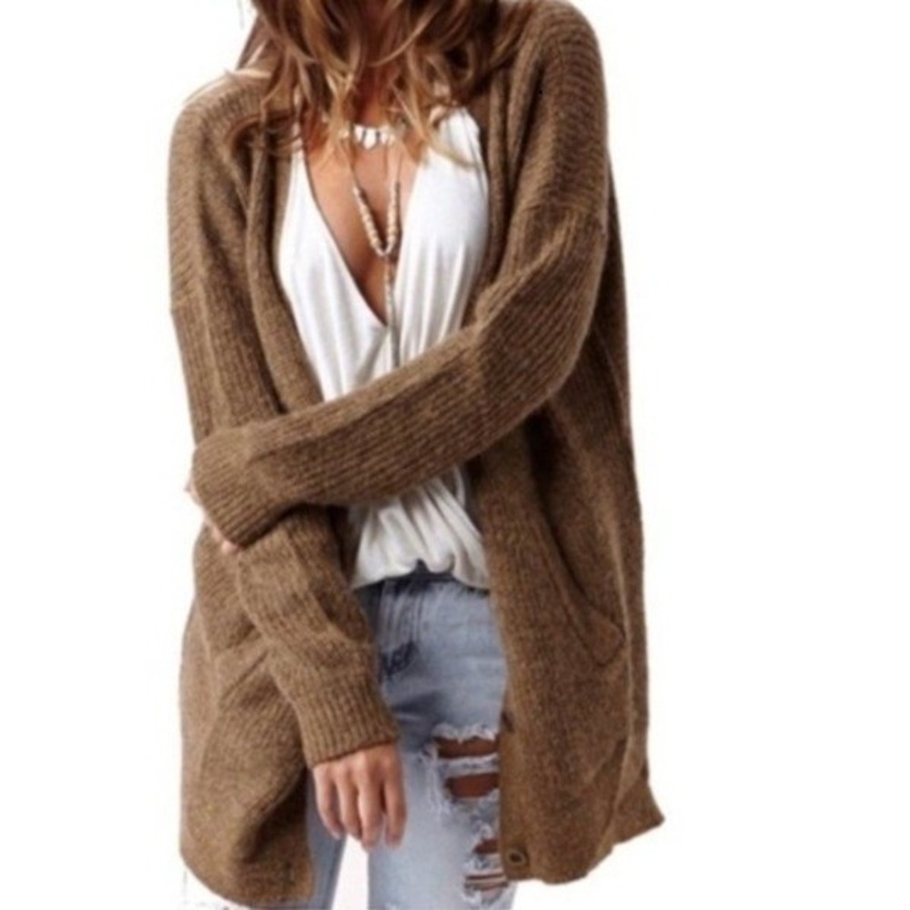 Free People Oversized Chunky Cardigan Sweater Womens L Brown Alpaca Wool Mohair